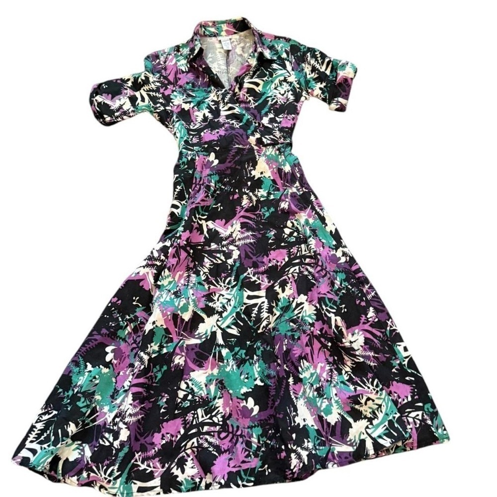 Vintage JG Hook Linen Green and Purple  Midi Dress